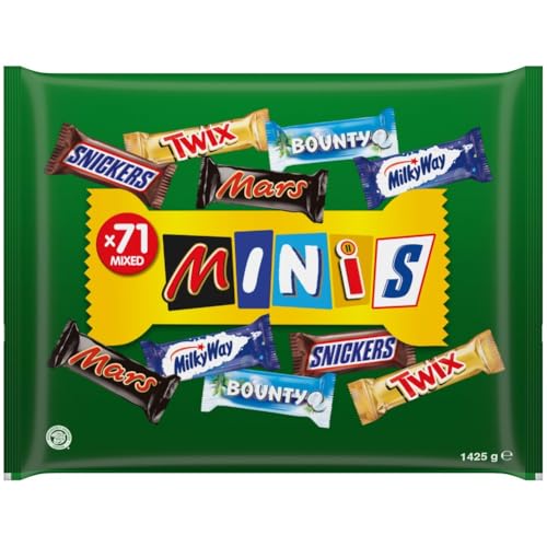 Mixed Minis Schokolade Großpackung, Schokolade, 71 Mini-Schokoriegel Snacks (Mars, Snickers, Bounty, Twix, Milky Way) als Süßigkeiten, Schokoladen Geschenk, Süßigkeiten Box (1400g)