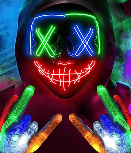 Colplay NEU LED Halloween Maske Leuchtende Handschuhe-Set, Mehrere Leuchtmodi Kostüm, Halloween Kostüm Damen Kinder Mädchen Teenager, Horror Maske (Mehrfarbig)