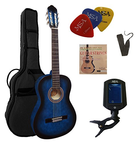 4/4 GITARRE - KONZERTGITARRE IM SET - CLASSIC - BLAU SCHATTIERT - DECKE LINDE - STIMMGERÄT - TASCHE - BAND - NYLONSAITEN - 3xPIKS