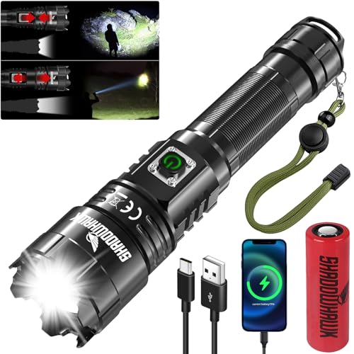Shadowhawk LED Taschenlampe Aufladbar, Extrem Hell 1000000 Lumen Taschenlampen Batteriebetrieben USB, XHP70.2 Taktische Taschenlampe, IP67 Wasserdicht 5 Lichtmodi Zoombar für Camping Wandern Notfälle