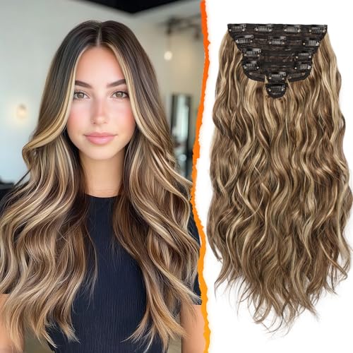 BARSDAR Clip in Haarverlängerung, 50CM Lang Wellig Highlight Haarextension Clip in 6PCs Voller Kopf Dickes Synthetisches Extensions Haarteil Für Damen (Mittel Braun & Blond)