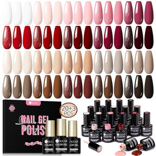 UR SUGAR UV Nagellack Set, 23 Stück Gel Nagellack Weiß Rosa Rot Nude Braun Schwarz, Farbgel für Nagelstudio Design mit Glossy Matte Top und Base Gel Coat, U V Lack Maniküre Geschenkset Gelnägel