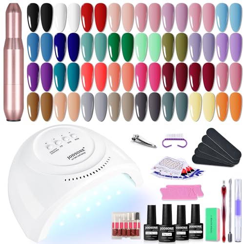 JODSONE U V Gel Nagellack Set, 32 Farben Gelnägel Kit mit U V/LED Nagellampe, Nagelbohrer, Basis- und Decklack, Rosa Weiß Blau U V Gelnagellack Starterset