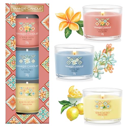 Yankee Candle Duftkerzen-Geschenkset | Gefüllte Mini-Votivkerzen | Soja-Wachs-Mischung | Azure Sky, Capri Glow und Lemon Gelato | Kollektion „Hello Italy“ | Perfekte Geschenke für Frauen | 3 Stück