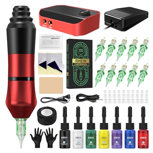 RHEIN Tattoo Maschine Set mit Power Supply 10PCS Cartridges 7 Tattoo Farbe Ink Kabel Pen Machine Komplettes Tattoo Zubehör RN-TKP6B-2-EU