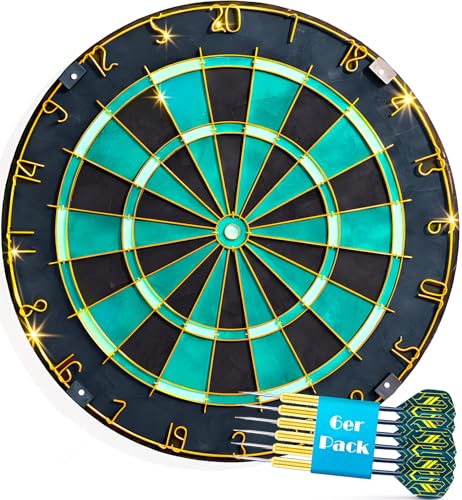Schöne Türkis Dartscheibe Dartboard mit Goldener Zahlenring & Pfeilen - Profi Steeldartscheibe aus Sisal - Dart Scheibe Target mit 6 Dartpfeilen Metallspitze golddart Flight Barrels shafts schäfte