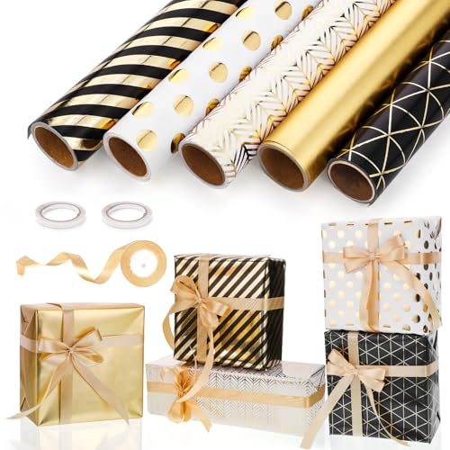 woric 5 Rollen Geschenkpapier Set, 43cm x 3m Geschenkpapier Schwarz Gold Geburtstag Weihnachtspapier Geschenkpapierrolle mit Schleifenband Gold für Weihnachten Kindergeburtstag Hochzeit