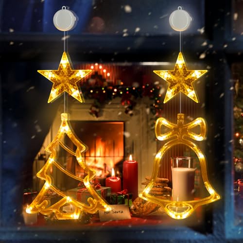 Weihnachtsbeleuchtung Innen 2 Stück 30 LED Weihnachtsdeko Fenster Batteriebetriebene mit Timer 2 Modi Saugnäpfe Lichtervorhang LED Sterne Weihnachtsbaum Glocke für Weihnachten Deko Party Warmweiß