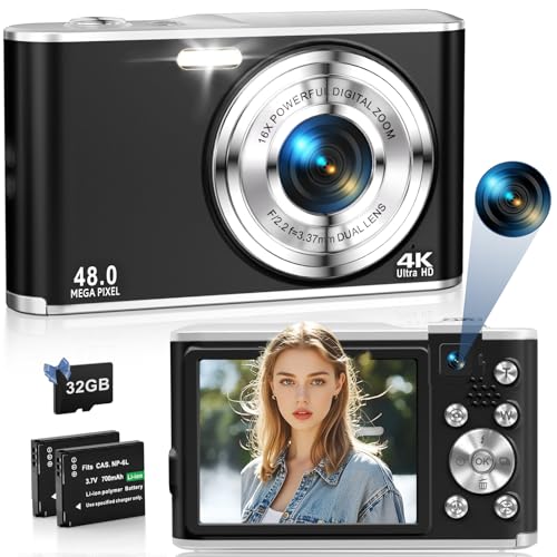 4K Digitalkamera 48MP Autofokus Kompaktkamera mit Dual Front- und Rückkameras Vlogging, YouTube für Fotografie, 16X Digitalzoom mit 32GB TF-Karte & 2 Batterien - Schwarz