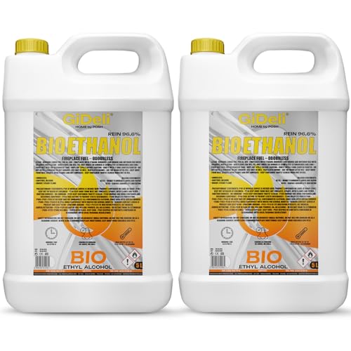 GiDeli Bioethanol 96,6% Geruchlos 2X 5L - Bio Ethanol für Tischkamin, Kamin Indoor & Outdoor - Rauchfrei und Rußfrei - Aus Mais & Zuckerrüben