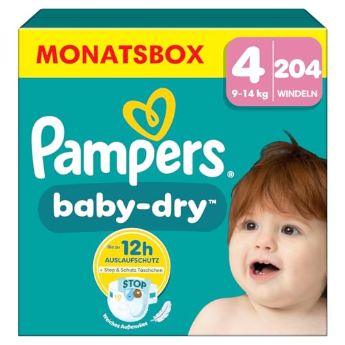 Pampers Baby-Dry Größe 4, 204 Windeln, 9kg-14kg, Bis zu 100% Auslaufschutz & Komfort die ganze Nacht