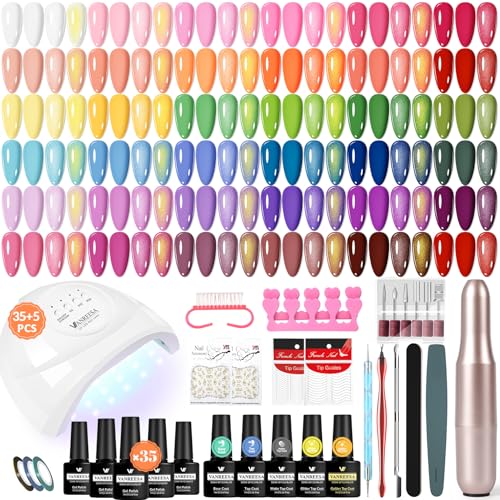 VANREESA U V Nagellack Set, Gelnägel Starterset mit Professioneller Elektrische Nagelfräser 35 Farben Gelnägel Set mit 48W U V/LED Nagellampe Rosa Orange Grün Maniküre Starter Kit Geschenk für Frauen
