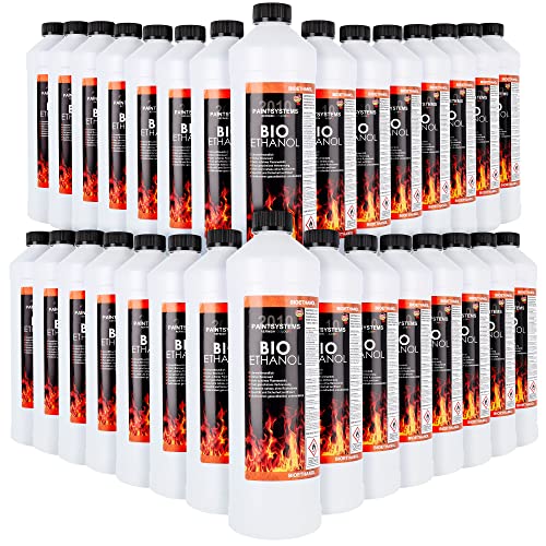 Bio Alkohol 100% 30 x 1 Liter - BIOETHANOL für Alkohol-Kamine, Tischfeuer, Ethanolkamine, Alkoholbrenner, Terrassenfeuer, Raumfeuer, Standfeuer oder Gartenfeuer