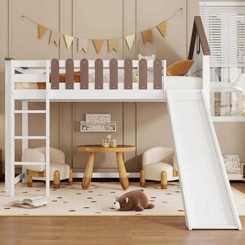Rvjiahe Hochbett, Mit Dach und Fenster, Mit dreistufiger gerader Leiter, Jugendbett, Kinderbett mit Rutsche, Kiefer+MDF, Weiß+Walnuss, 90x200cm