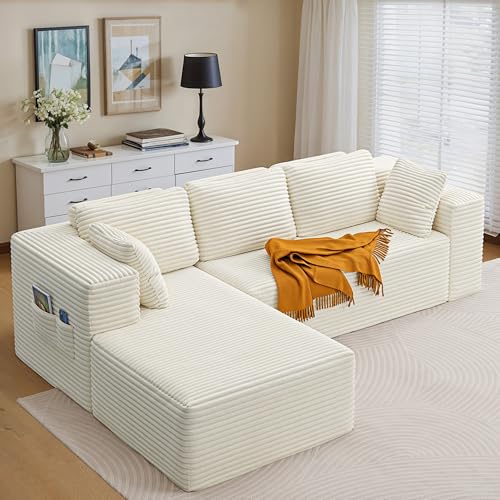 Xbro 3-Sitzer L-förmiges modulares Sofa aus geripptem Samt, modernes Sofa für Wohnzimmer mit Kissen und Seitentaschen, 30D Schaumstoff mit hoher Dichte, 250x160x62 cm, Beige