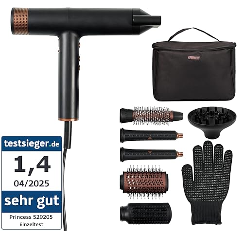 Princess Airstyler Pro, 7-in-1 Stylingtool, 3 Heiz- & Geschwindigkeitsstufen, Ionenfunktion, Coolshot, 1,8m Kabel, Reisetasche, 7 Aufsätze, Hitzeschutzhandschuh, BLDC-Motor, 2000 W, 01.529205.01.001