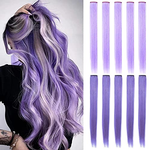 MOSCSMDY 10 Stück Haarverlängerungen Perücke Stücke Clip in farbigen Haarverlängerungen Bunte Haarteile Party Highlights (Light purple Lavendel)