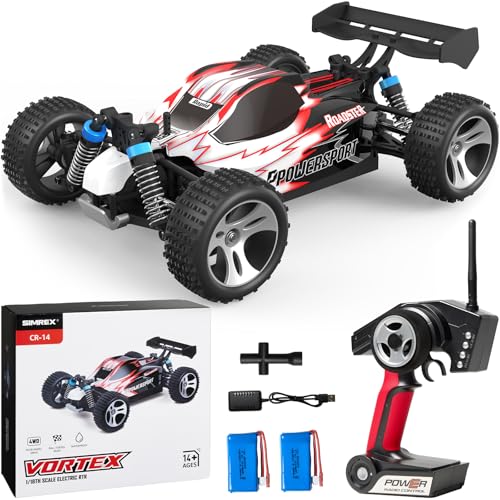 SIMREX 1:18 Scale All-Terrain Ferngesteuertes Auto, 45 km/h, 4WD mit 2.4 GHz Fernbedienung, RC Auto mit 2 wiederaufladbaren Batterie, Geschenk für Kinder und Erwachsene, Rot