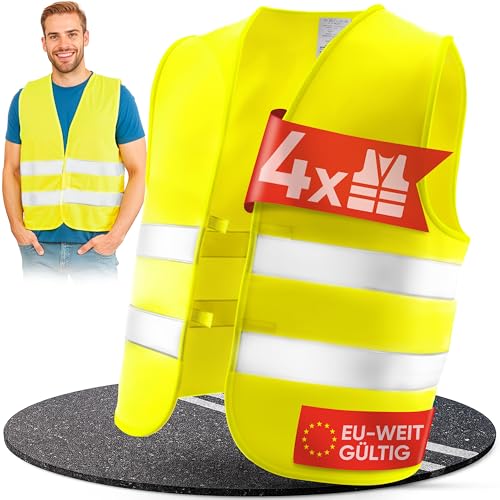 PURAHELP Warnwesten Auto 4er Set [EN ISO 20471] für Erwachsene - EU-weit gültig - Bis zu 150m sichtbar - Sicherheitsweste Auto Warnweste Gelb - Warnschutzweste