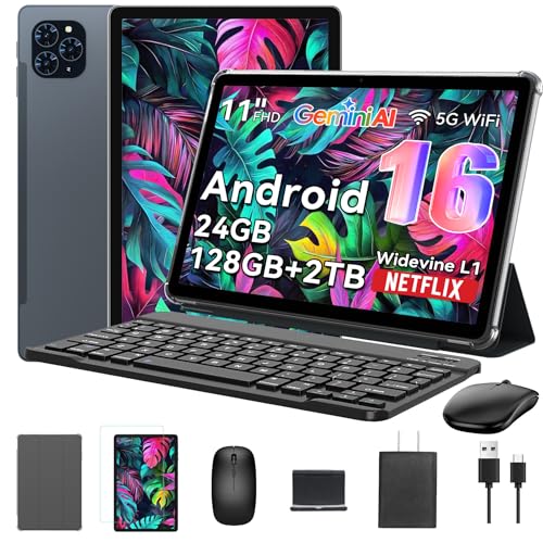 Tablet 2025 Das weltweit erste Android 16 Tablets mit Gemini AI, 11 Zoll FHD Display, 24GB RAM 128GB ROM / 2TB TF, 13MP Kamera, 8000mAh, Widevine L1, 5G WiFi, 2 in 1 - Tablet mit Tastatur und Stift