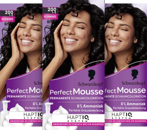 Schwarzkopf Perfect Mousse Permanente Schaumcoloration 200/1-0 Schwarz (3 x 92.5 ml), Haarfarbe mit perfekter Grauabdeckung, Coloration für intensive Pflege & strahlenden Glanz