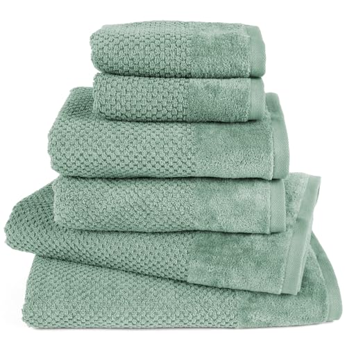 Pure Label 6-TLG. Handtücher Set mit Aufhängeschlaufen aus 100% Baumwolle, saugstark und weich - 2X Badetuch (70x140 cm) 2X Handtuch (50x100cm) 2X Gästetuch (30x50 cm), Grün