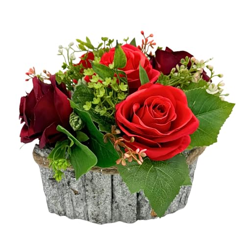 Grabgesteck Herzform mit roten Rosen – Holzschale handgefertigt in der EU | künstliche Blumendekoration 25×17 cm | wetterfest & pflegeleicht | Grabschmuck für Allerheiligen & Totensonnta