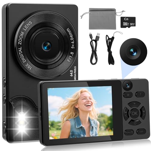 HERBYD 4K 64MP Digitalkamera mit Dual-Kameras Vorne und Hinten, Autofokus Kamera Fotokamera Kompakte Vlogging Kamera 2,8 Zoll Bildschirm, 18X Digitalzoom, 32G Karte für Kinder, Jugendliche, Anfänger