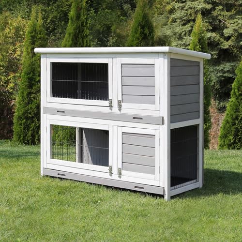 Miweba MyAnimal Hasenstall MH-20 | 120x51x105 cm - Kaninchenstall mit Freilaufgehege - Doppelstockhaus 2 Ebenen - Hasenkäfig - imprägniert - Kaninchenkäfig Winterfest - Indoor und Outdoor (Grau/Weiß)