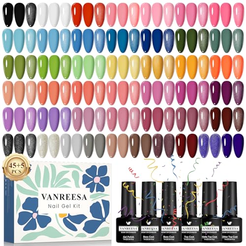 VANREESA U V Nagellack Set, 50 Stück Gel Nagellack Set mit Unterlack und Überlack 45 Farben Maniküre Starterset Rosa Lila Schwarz Gelnägel Kit Soak off Gel Nail Polish Geschenk für Frauen