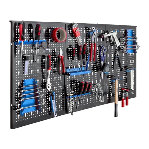 Arebos Werkzeugwand dreiteilig | 17-teiliges Hakenset Blau | 120 x 60 x 2 cm | Werkzeug Lochwand aus Metall + Halterungen + Montagematerial