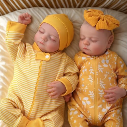 JIZHI Re-Born Babies Zwillinge – 20 Zoll realistisches Neugeborenes Baby Junge Mädchen mit weichen Vin-ylgliedern, lebensechte Babypuppen Zwillinge mit Kleidung für Kinder ab 3 Jahren