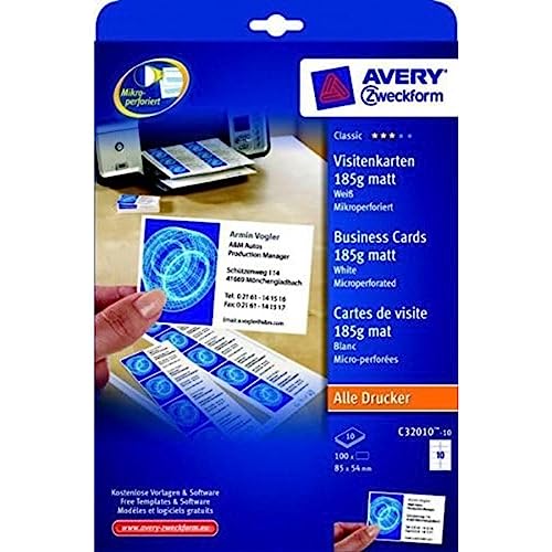 AVERY Zweckform C32010-10 Classic Visitenkarten, blanko (100 Stück, 185g, 85x54 mm, beidseitig bedruckbar, matt weiß, extra feine Mikroperforation, 10 Blatt) zum Selbstbedrucken auf allen Druckern