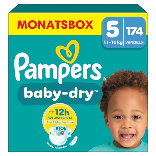 Pampers Baby-Dry Größe 5, 174 Windeln, 11kg-16kg, Bis zu 100% Auslaufschutz & Komfort die ganze Nacht
