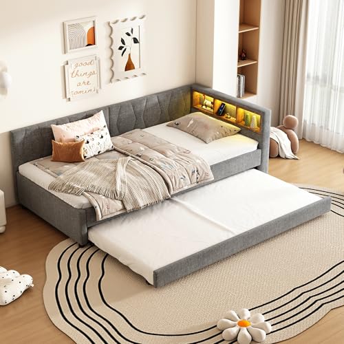 LAKFEW Schlafsofa Kinderbett 90x200 mit LED-Licht und USB-Buchse, Schlafcouch Ausziehbar mit Ausziehbarem Bett, Tagesbett mit Lattenrost, Schlafzimmer Möbel, Ohne Matratze, Linen, Grau