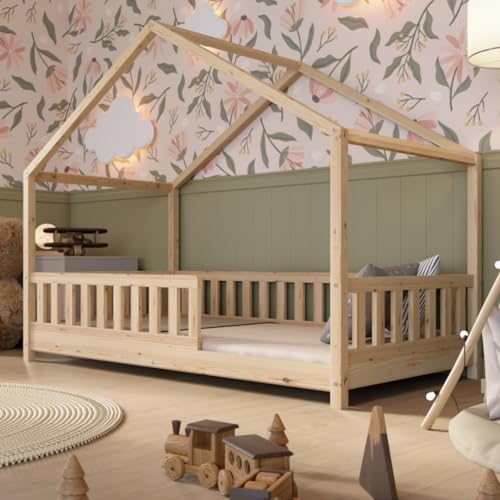 Crazy Pine Hausbett 120x200 cm – Kinderbett aus Naturholz mit Rausfallschutz – Montessori Bodenbett mit Höhenverstellbaren Beinen und Abnehmbarer Barriere - Crazy House