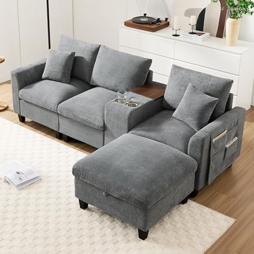 Modernes L-Form Ecksofa mit Konsole & Hocker mit Stauraum, USB-Ladestation, 4-Sitzer Komfort Couch aus Cord Stoff, Becherhalter, Armlehnen Aufbewahrungstasche, für Wohnzimmer, Kleine Räume (Grau)