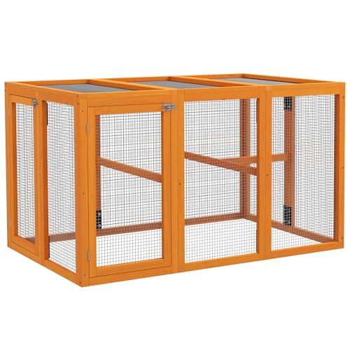 PawHut Hühnerstall Freilaufgehege Holz für Hühner 140 x 84,5 x 80,5 cm mit Doppeltür, Sitzstange, Hasenstall Kaninchenstall Orange