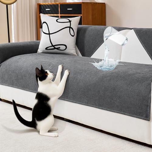 DeepDream Wasserdicht Sofa Überzug Chenille Sofabezug, Kratzfest Hund Katze Sofaschoner, Rutschfester Sofa Cover Couch Überzug 2 3 4 Sitzer für U Form L Form Sektionssofa (Dunkelgrau, 90 * 160cm)