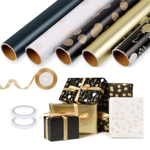 woric 5 Rollen Geschenkpapier Set, 3m x 43cm Weihnachtsgeschenkpapier Geschenkpapier Gold Schwarz Geburtstag Geschenkpapierrolle mit Schleifenband für Weihnachten Hochzeit Geburtstag