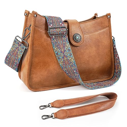APHISON Umhängetasche Damen Handtasche Mittelgroß braun Crossbody Bag mit Breiter Gurt Hobo Bag Schultertasche veganem Leder Tasche 2 Schulterriemen Kartenschlitz Reisetasche