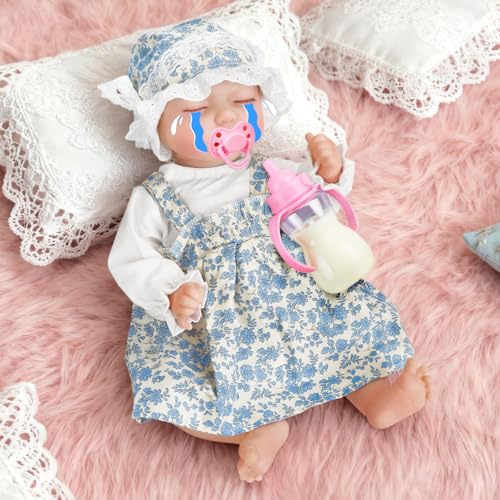 JONRRYIN Reborn Baby mit Schwerkraftsensor, 43cm Reborn Puppe Mädchen, Realistische Babypuppe die Atmet, Weint und Lächelt, Ideal für Kinder ab 3 Jahre (Blau)