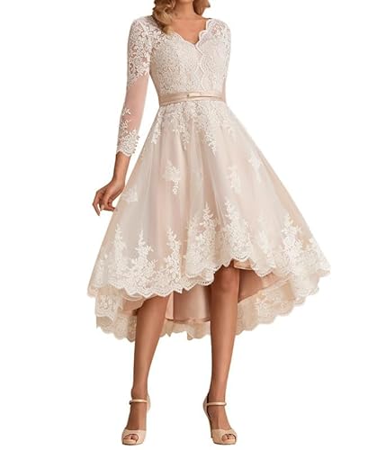 A-Linie Brautkleider Kurz Spitze Tüll Brautkleid High Low Hochzeitskleid Langarm Abendkleider Champagner,DE38
