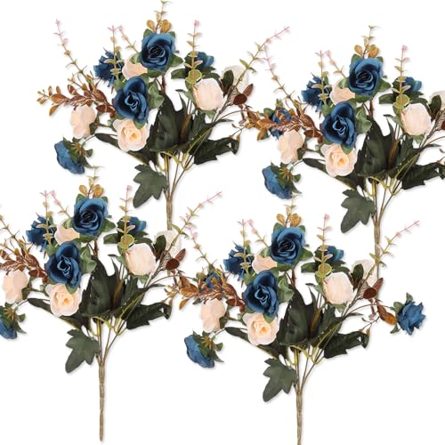 RFYTDCF 4 Stück Grabgestecke Künstlich, Blumenstrauß Künstliche Rosen Grabschmuck Wetterfest Blumen Blumengesteck Kunstblumen Wie Echt für Grab Deko (Dunkelblau)