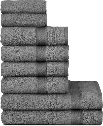 nottoc Handtücher Set Grau 8-TLG / 2 Badetücher 70x140 + 4 Handtücher 50x90 + 2 Gästehandtücher 30x50 - Handtuch mit Aufhänger Baumwolle Saugfähige Weiche Luxus Duschhandtücher - Anthrazit