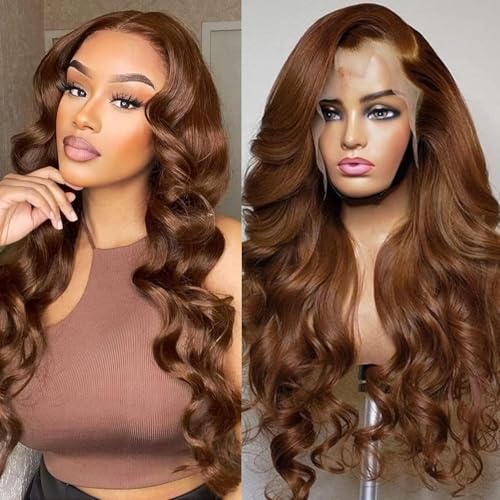 Smilenice Echthaar Perücke 13x6 Body Wave Braun 200% Dichte HD Lace Front Wig Human Hair Wig #4 Perücke Damen mit Babyhaar Light Brown Human Hair for Women 16 Zoll