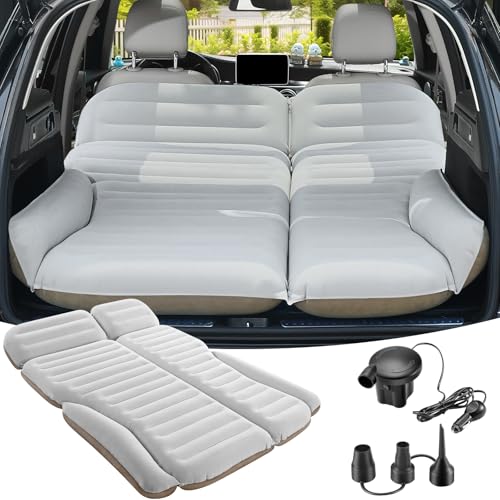 KMZ SUV Luftmatratze Doppelseitige Dickere Beflockung Auto-Bett – Bewegliche Aufblasbare Matratze für Camping & Reisen mit 2 Kissen & Elektrische Luftpumpe (Weiß und Kaffee)