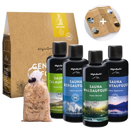 AllgäuQuelle® Saunaaufguss Set Bio 4er Sauna Zubehör 4x100ml Sauna Aufguss - Sauna Set inkl. Karte mit Allgäu Insider-Tipps