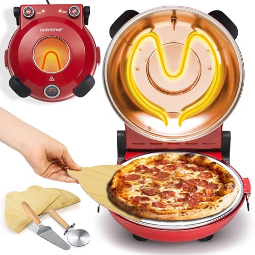 NutriChef Pizzaofen 30,5 cm mit Pizzastein – 430 °C Ober-/Unterhitze, Sichtfenster, Thermometer, Antihaft, Kompakt, Rot – Knusprige Ergebnisse wie aus dem Steinofen für Zuhause