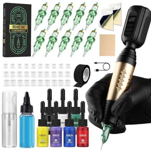 RHEIN Tattoo Maschine Set mit 1500mAh Akku und 7 Tattoo Inks 10 Cartridges Nadeln Tattoo Zubehör RN-TK2005EU-1